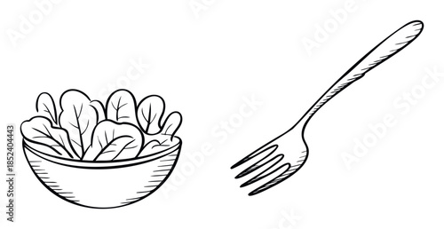 Simple line drawing of a bowl of fresh green salad leaves next to a fork, ideal for healthy eating and culinary themes