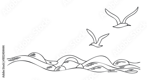 Minimalist outline drawing of seagulls soaring over stylized ocean waves, perfect for summer travel or coastal themes, easily usable in web or print projects.