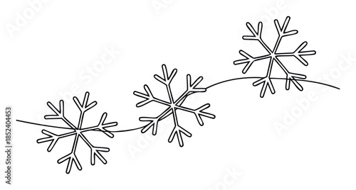 Stylized snowflakes connected by a flowing line for winter holiday greetings and festive seasonal celebrations.