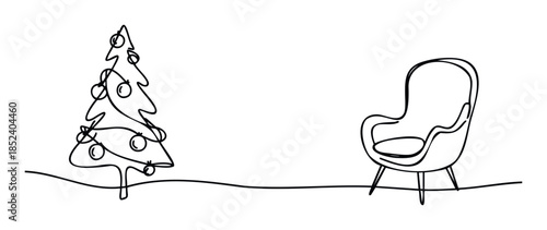 Minimalist one line drawing of a festive Christmas tree with ornaments and a comfortable armchair, perfect for holiday greetings and winter celebration visuals