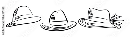 Collection of three hand drawn fedora hats in different styles and perspectives suitable for clothing store promotions or vintage apparel graphics.