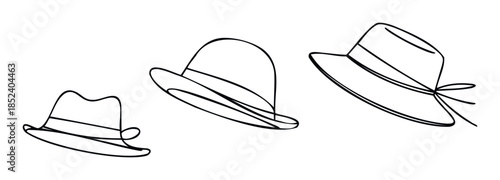 Three classic hats depicted with simple line drawings, perfect for clothing accessory concepts or vintage style promotions.