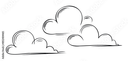 Whimsical outline clouds in simple graphic style for weather and sky themed projects and designs presented on a white background