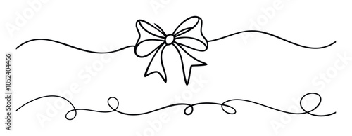 Simple and elegant black line drawing of a bow with flowing ribbons and decorative swirls, perfect for adding a touch of grace to celebrations and branding materials.
