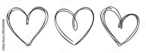 Three hand drawn sketchy heart shapes rendered in a simple outline style perfect for romantic celebrations and personal expressions