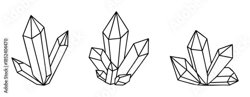 Set of three geometric crystal formations with sharp geometric points and facet lines, perfect for mystic and spiritual themes or decorative use.