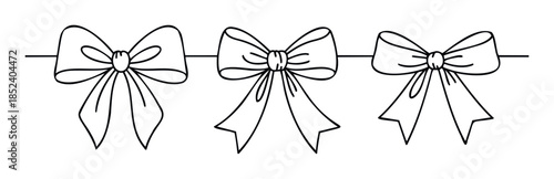 A simple line drawing showcasing three decorative bows strung together horizontally, perfect for gift wrapping, festive celebrations, or crafting projects.