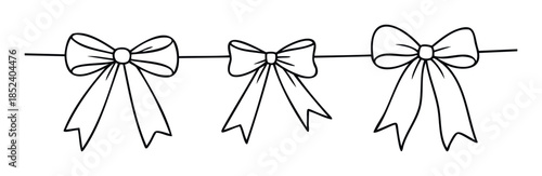 Hand drawn bows strung on a line, perfect for festive decorations, gift wrapping, party supplies, and holiday greetings.