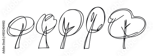 Simple line drawings of five stylized trees with rounded tops and thin trunks, perfect for use in naturethemed graphic projects and seasonal decor.