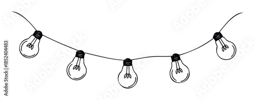 String of classic filament light bulbs hanging in a decorative curve, perfect for holiday celebrations, party ambiance, or a bright idea concept.