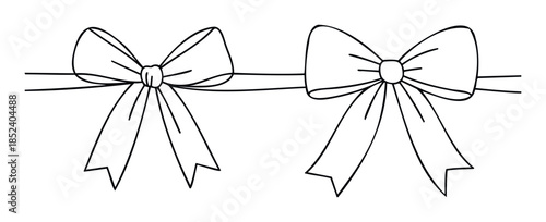A black and white line drawing of two bows on a string, perfect for gift wrapping, celebrations, and decorative accents for projects and presentations.