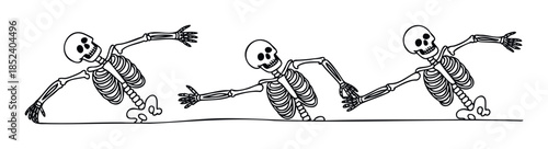 Three playful skeletons in a line, appearing to tumble or dance, perfect for Halloween and spooky themed projects celebrating the macabre and fun.