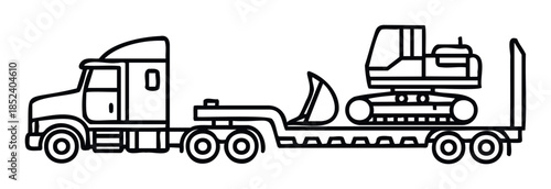 Black and white line drawing of a heavy duty truck transporting a construction excavator on a flatbed trailer, perfect for logistics or construction industry graphics.