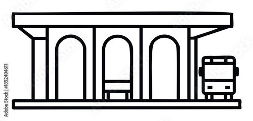 Simple outline sketch of a bus stop shelter with arched openings and a bus waiting for passengers, perfect for transportation or urban planning themes.