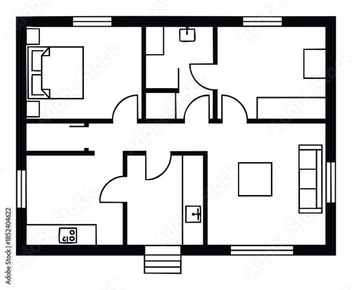 Black and white floor plan schematic of a house showing rooms, furniture, doors, and windows for architectural visualization or real estate marketing
