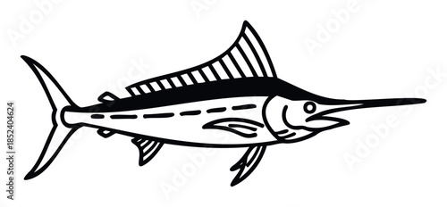 Stylized black and white graphic of a marlin fish in profile, perfect for nautical themes, fishing sports or marine life content.