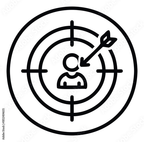 Target audience icon showing a bullseye with an arrow hitting a person, perfect for marketing strategy and customer focus concepts.