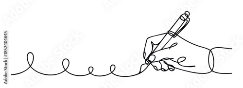 Continuous line drawing of a hand holding a pen, writing a flowing script with curves and loops, perfect for use in writing, creativity, or communication projects.