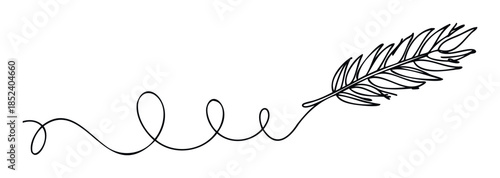Elegant single line drawing of a feather with flowing swirls, perfect for graphic elements, logos, and abstract web pages.