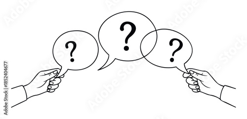 Two hands holding speech bubbles with question marks symbolizing communication uncertainty and asking questions for discussion and inquiry representing a dilemma or confusion.