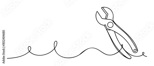 Single line drawing of pliers connected to a flowing curved line, perfect for representing tools, repair, or connection concepts in professional projects.