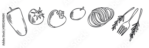 Hand drawn line art featuring a bell pepper, tomato, plum, pasta nest and forks with sprigs for culinary or food related concepts