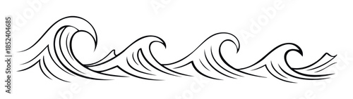 Stylized black and white ocean waves with a dynamic flow, perfect for graphic elements, maritime themes, and decorative accents across various media.