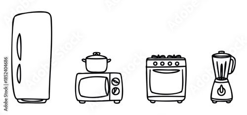 Collection of simplified line drawings of kitchen appliances including a refrigerator, microwave with pot, stove, and blender, suitable for use in cooking tutorials or appliance