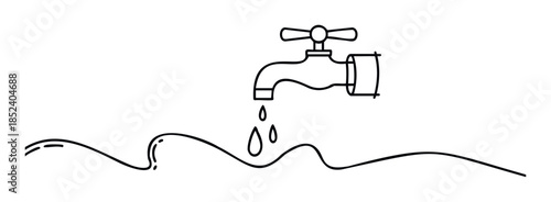 A simple line drawing shows a faucet dripping water into wavy liquid, symbolizing water conservation or liquid flow for various applications and projects.