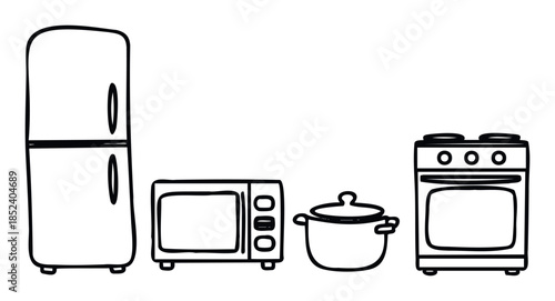 A set of kitchen appliances including a refrigerator, microwave, pot, and stove, perfect for use in cooking or home organization themes.