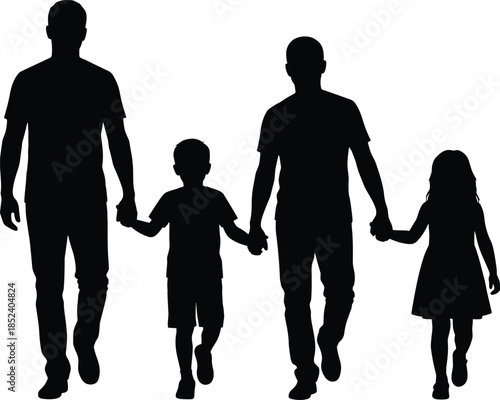 Happy family silhouette walking together, parents holding children hands, love care unity concept, people relationship isolated vector illustration