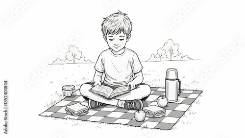 Young Boy Sitting on Checkered Blanket.