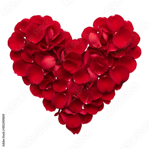 Romantic heart shape created with red rose petals isolated on white background for wedding and valentine decoration