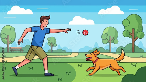 Man Playing Fetch with Dog in Park.