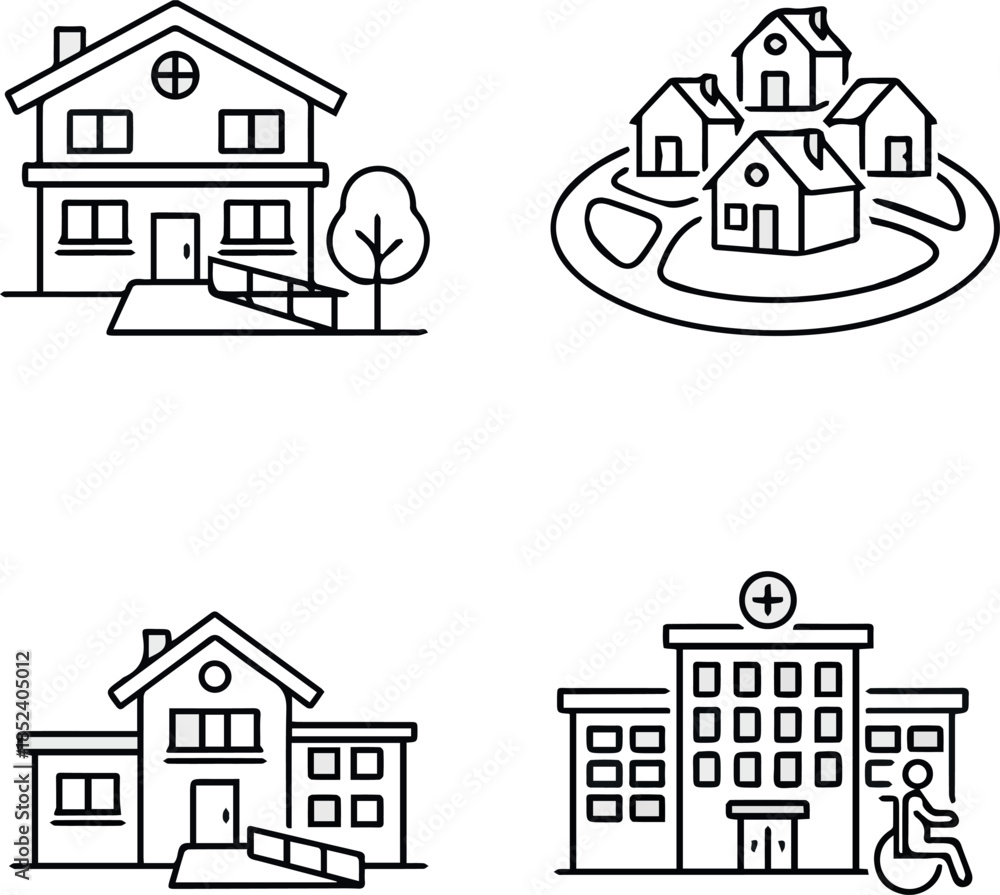 Fototapeta premium Senior Housing Icons. Line style icons of housing for seniors assisted living home, retirement village, nursing facility icon.