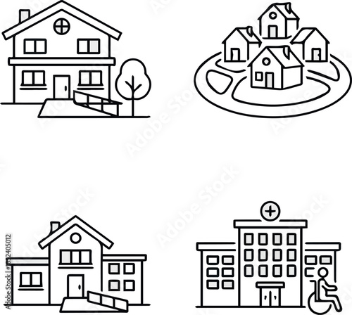 Senior Housing Icons. Line style icons of housing for seniors assisted living home, retirement village, nursing facility icon.