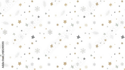 Charming festive seamless pattern with scattered golden stars, delicate snowflakes, and subtle dots on a white background, ideal for elegant holiday cards and winter designs