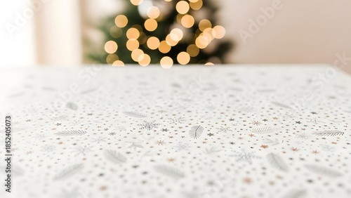 Elegant white patterned surface with festive bokeh lights in the blurred background, perfect for holiday product displays or seasonal decorations