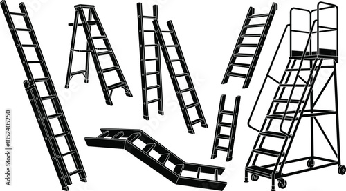 Industrial ladder collection black silhouettes step ladders extension ladders access equipment construction safety tools isolated illustration set vector design bundle