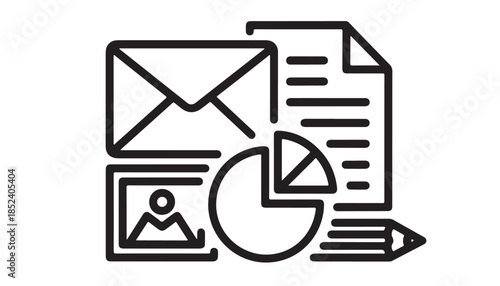 Black line icon set of business documents and data analysis