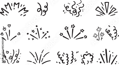Festive firework explosion set isolated on white background. confetti burst effect, party firecracker sparks, abstract spiral doodles, lines with stars and hearts vector art and illustration black art