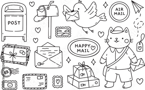 Cute postal set with mail boxes, stacks of letters, stamps, parcels, a carrier pigeon, and a postman vector art and illustration balck and white 

