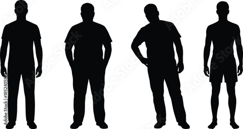 Male body types silhouette set, different men standing poses, human anatomy shapes comparison isolated vector illustration design collection fitness diversity