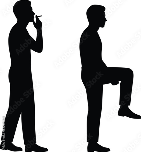Man silhouette poses collection, smoking and walking step actions set, male human figure behavior isolated on white background vector illustration