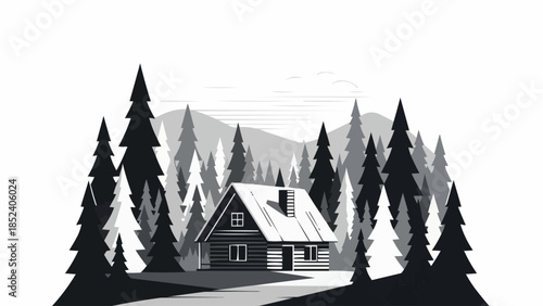 Cottage Surrounded by Tall Pine Trees.