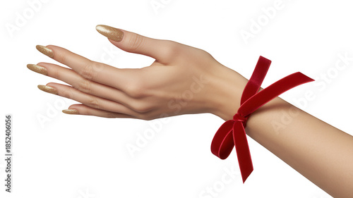 Elegant female hand with long golden nails and a red velvet ribbon tied around the wrist isolated on transparent background