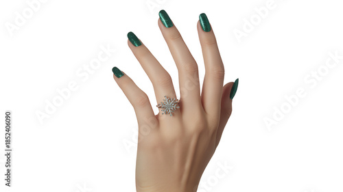 Elegant hand with sparkling snowflake ring and dark green manicured nails isolated on transparent background