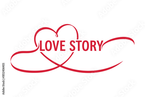 Elegant red love story text integrated with a stylized heart outline and decorative flourishes for romantic themes