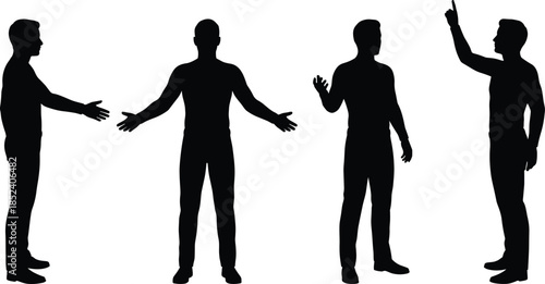 Men silhouette gestures collection, male standing talking pointing poses set, human communication body language isolated on white background vector illustration