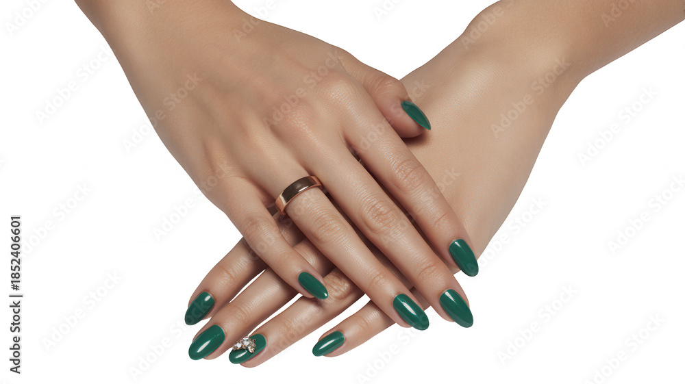 Fototapeta premium Womans hands with dark green polished nails and a ring, isolated on transparent background